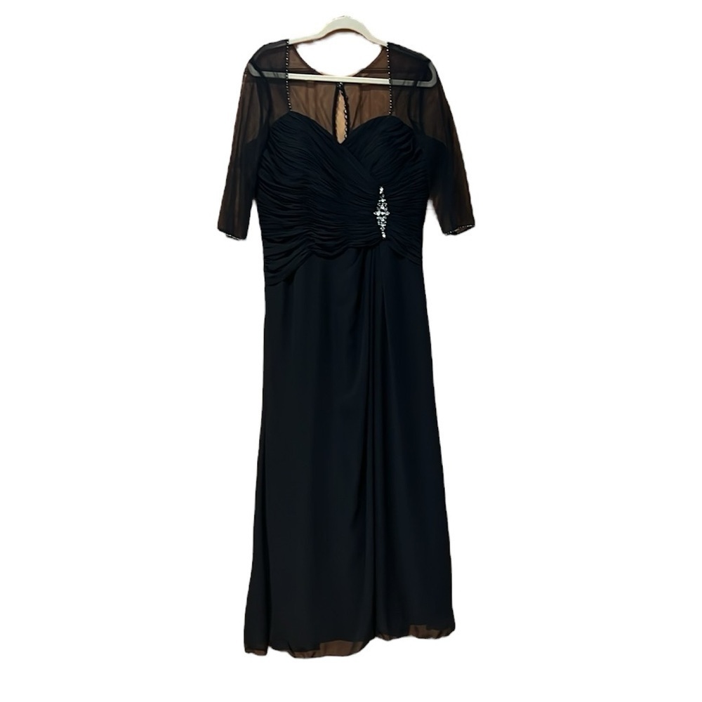 Formal Black Illusion 3/4 Sleeve Side Ruched Gown With Rhinestone Embellishment